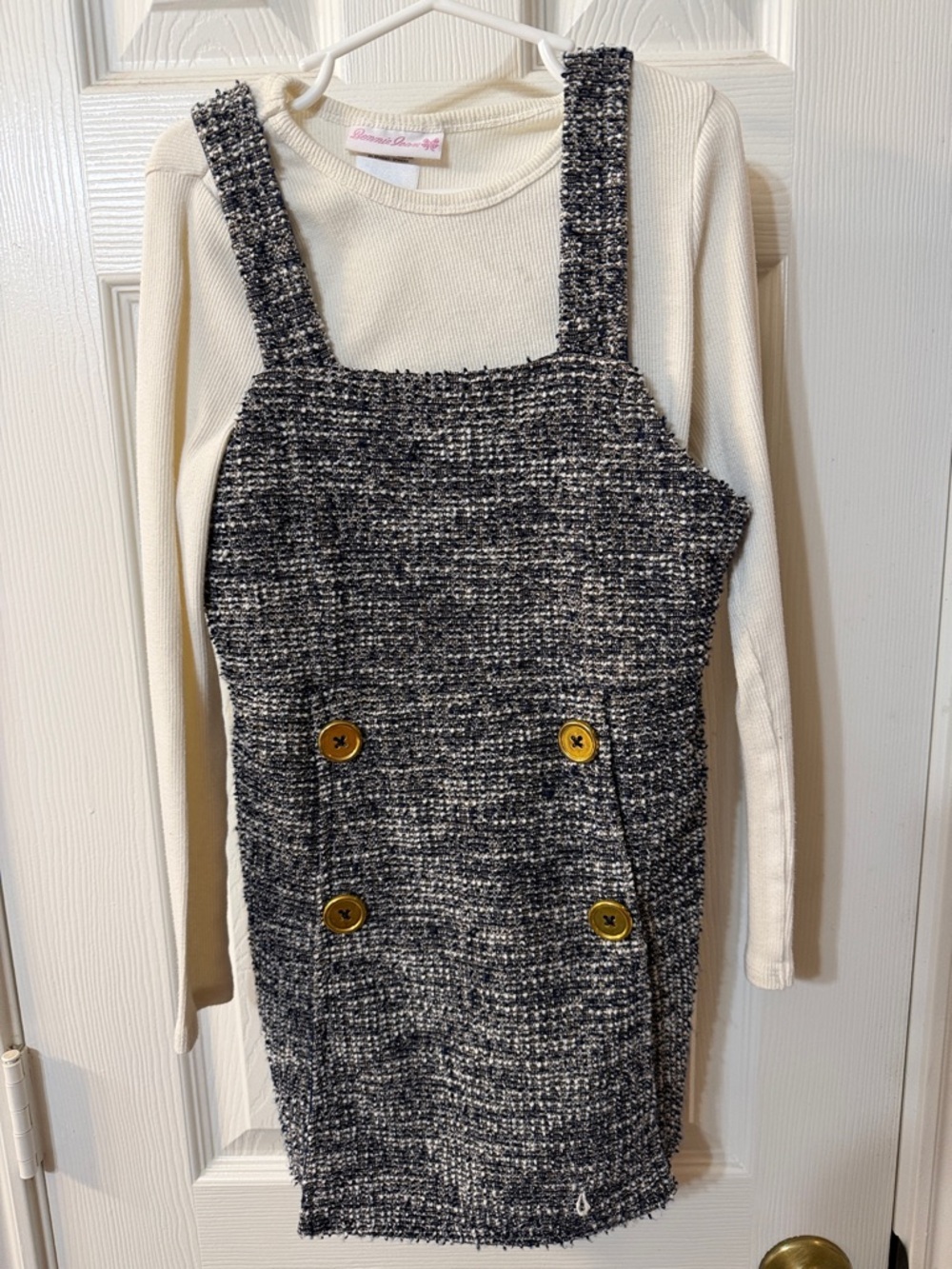 Bonnie Jean Cream Knit Top with Black & White Tweed Pinafore Dress